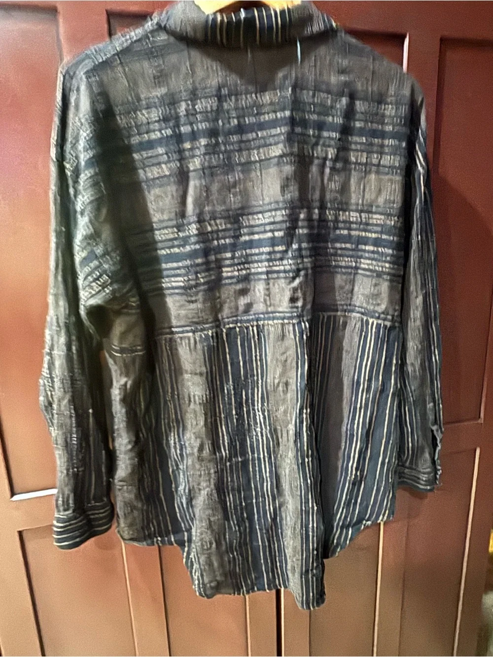 Free People Black & Brown Striped Textured Crinkle Gauze Boho Button-Down Shirt
